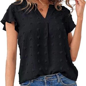Chic Black Textured Blouse with Ruffle Sleeves